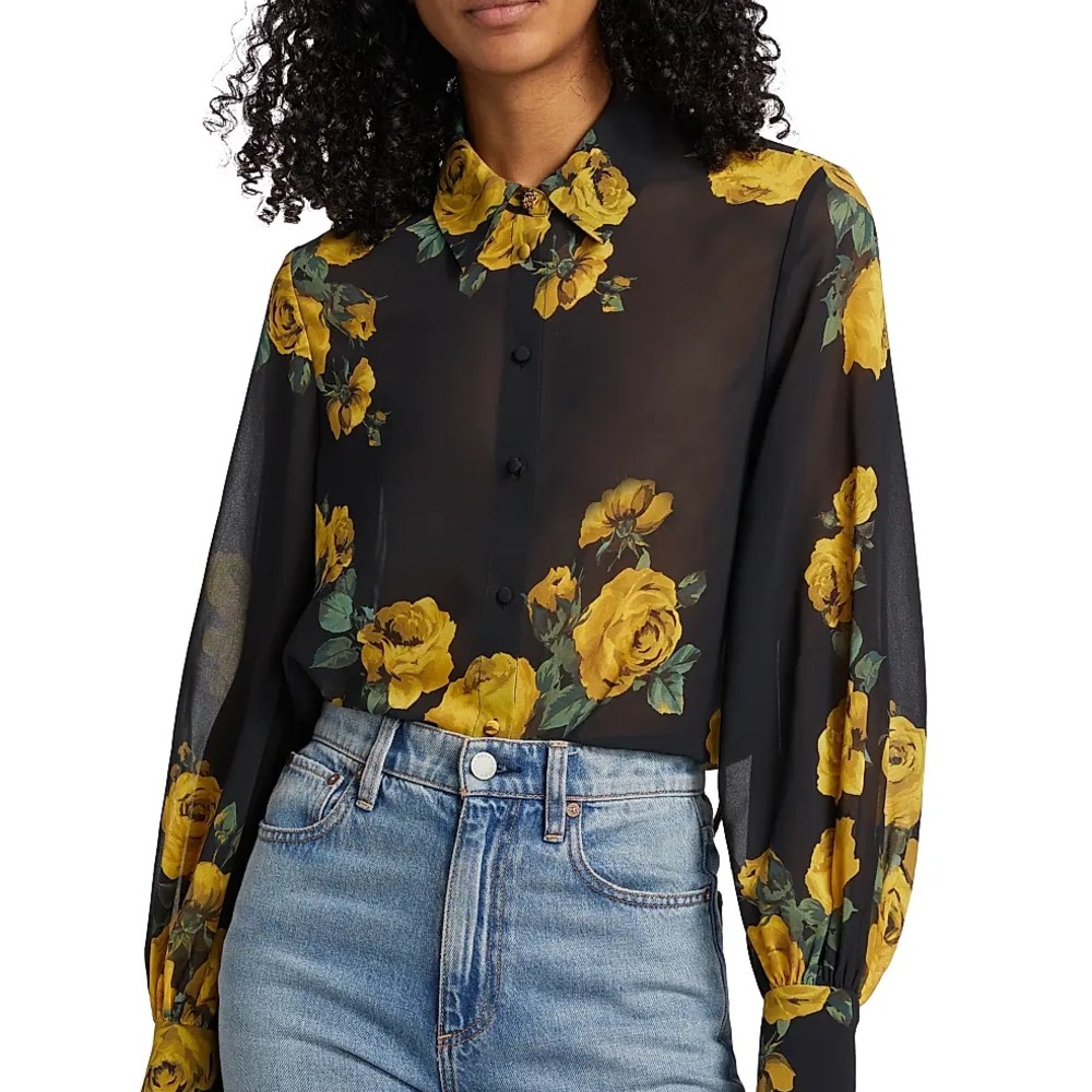 ALICE + OLIVIA Candace Floral Sheer Blouson Shirt - Picture 3 of 14